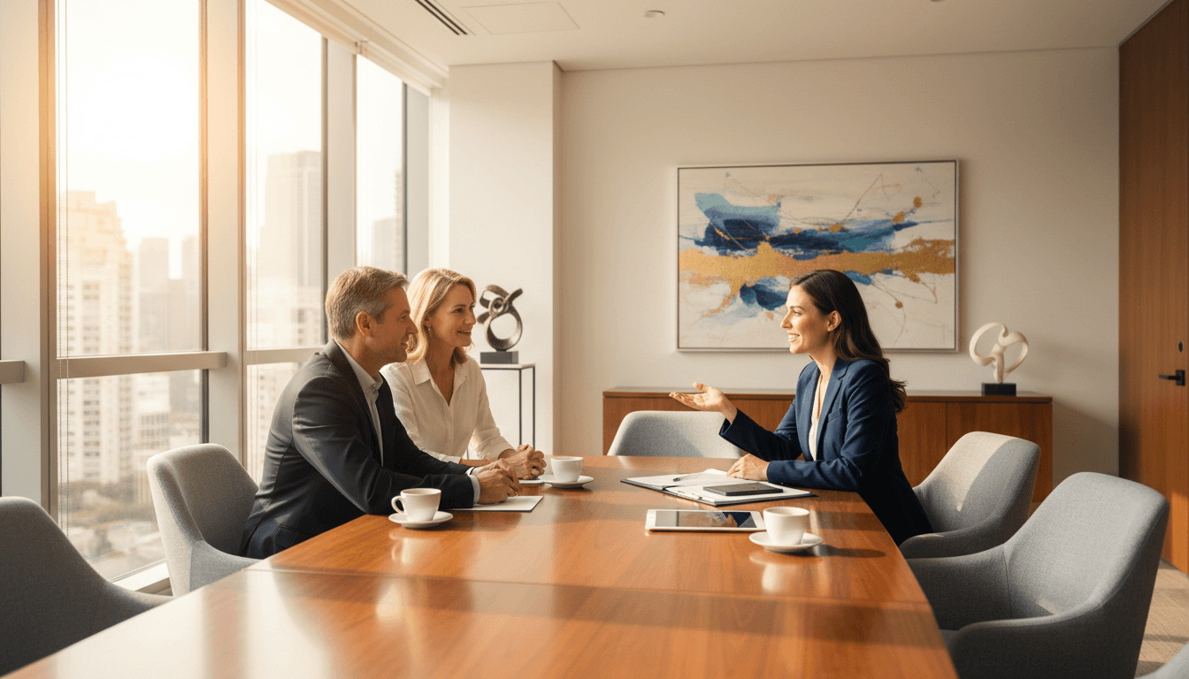 Professional attorney meeting with clients in a modern law office